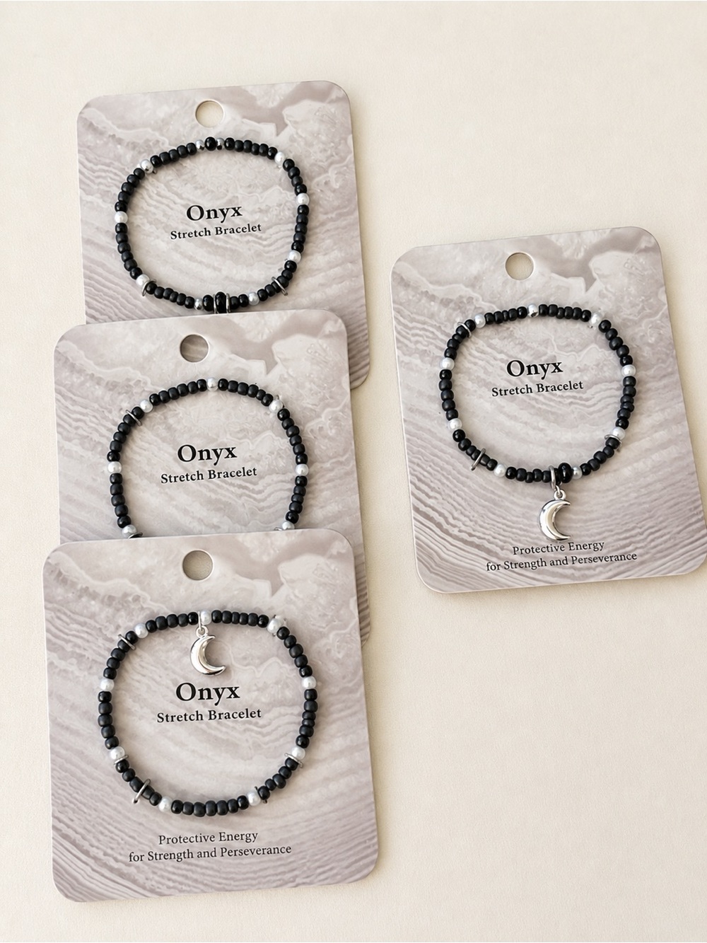 Onyx Black Beaded Stretch Bracelet with Crescent Charm